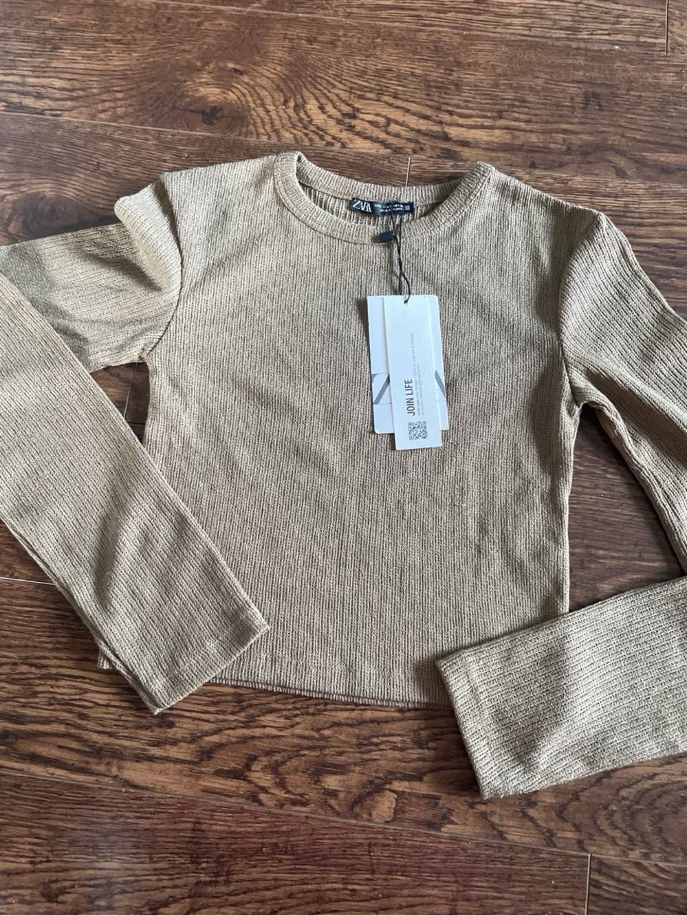 ZARA Ribbed Crew Neck Crop Sweater - Beige/Tan